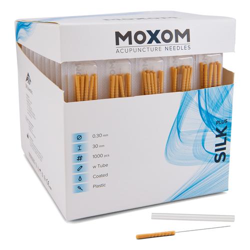 Akupunkturnadeln mit Kunststoffgriff, silikonisiert - MOXOM Silk Plus: Großpackung 1000 Nadeln, 0,30x30 mm (mit Führung), 1022093, Akupunkturnadeln MOXOM