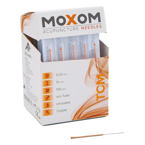 Akupunkturnadeln mit Kupferwendelgriff, unbeschichtet - MOXOM TCM: 100 Nadeln je 0,20x15 mm (ohne Führung), 1022100, Unbeschichtete Akupunkturnadeln