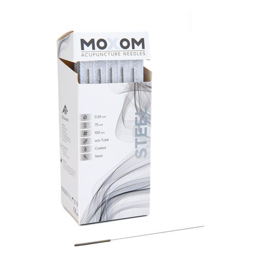 Akupunkturnadeln mit Stahlwendelgriff, silikonisiert - MOXOM Steel: 100 Nadeln je 0,30x75 mm (ohne Führung), 1022119, Akupunkturnadeln MOXOM