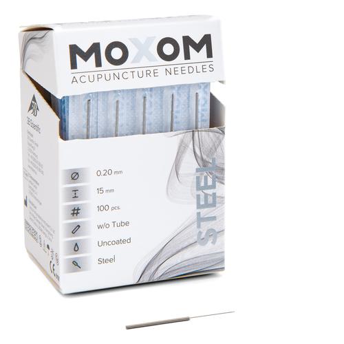 Akupunkturnadeln mit Stahlwendelgriff, unbeschichtet - MOXOM Steel: 100 Nadeln je 0,20x15 mm (ohne Führung), 1022120, Akupunkturnadeln MOXOM