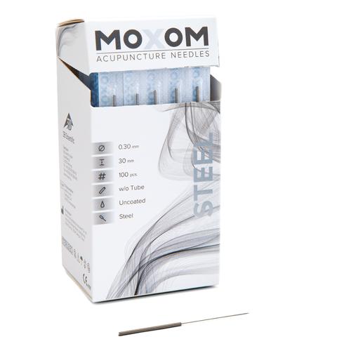 Akupunkturnadeln mit Stahlwendelgriff, unbeschichtet - MOXOM Steel: 100 Nadeln je 0,30x30 mm (ohne Führung), 1022122, Akupunkturnadeln MOXOM